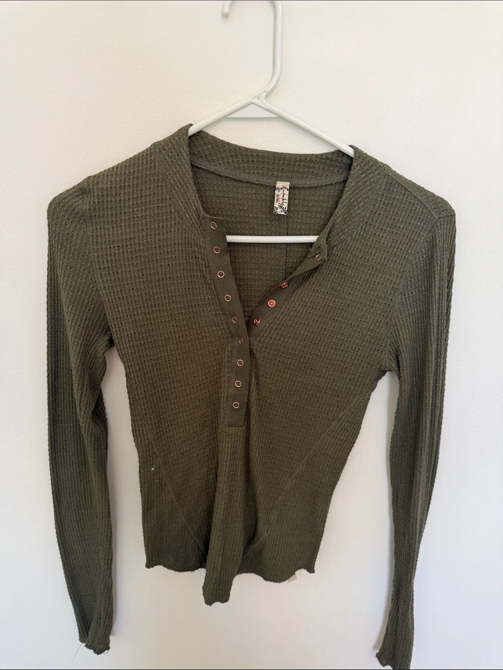 Free People Olive Green Waffle Knit Snap-Front Long Sleeve